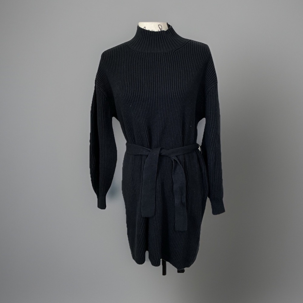 Maeve Anthro Long Sleeve Mock-Neck Tie-Waist‎ Mini Dress Black Belted XS